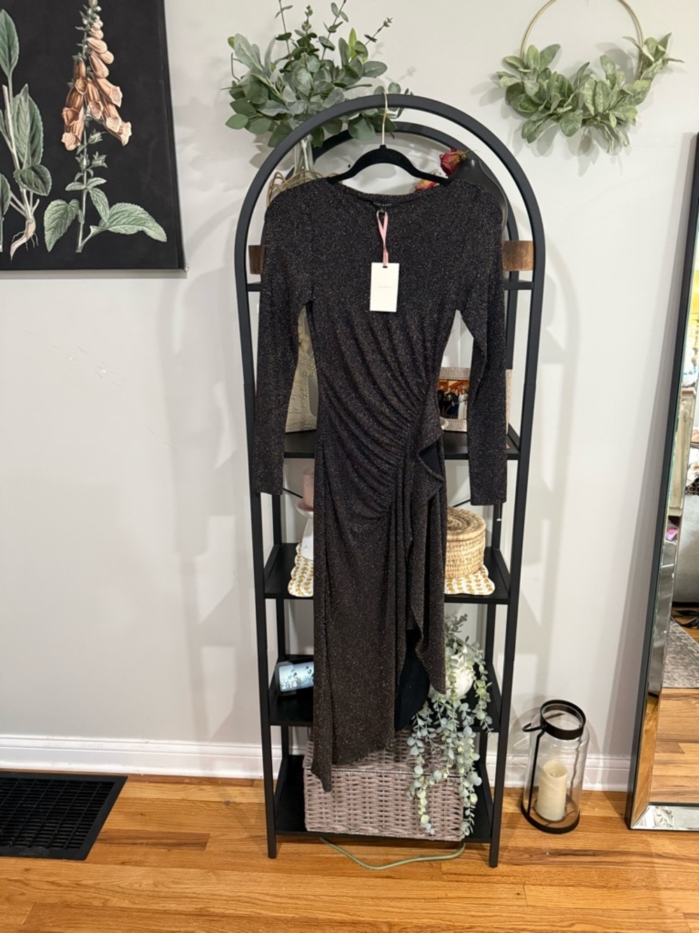 ✨ Alex Marie Black & Gold Metallic Ruched Midi Dress NWT ✨